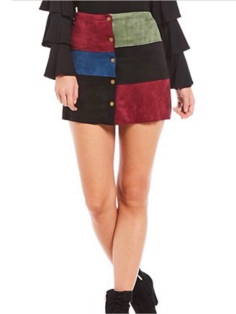 Sugarlips Multicolored Patchwork Suede Button Front Skirt